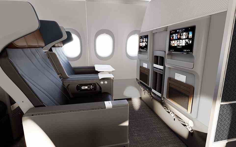 American führt neue Premium-Economy-Sitze (oben beim Airbus A321XLR) mit doppelt so viel Stauraum im Sitz ein – und Kopfstützenflügeln für mehr Komfort und Privatsphäre