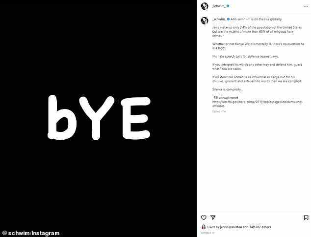 Post: Schwimmer has previously called out West over his anti-Semitic posts, taking to Instagram to brand the star a 'bigot'