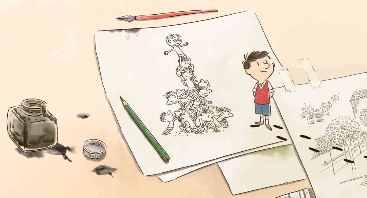 eine Zeichnung eines Jungen, der auf Seiten mit Illustrationen zum Leben erwacht
