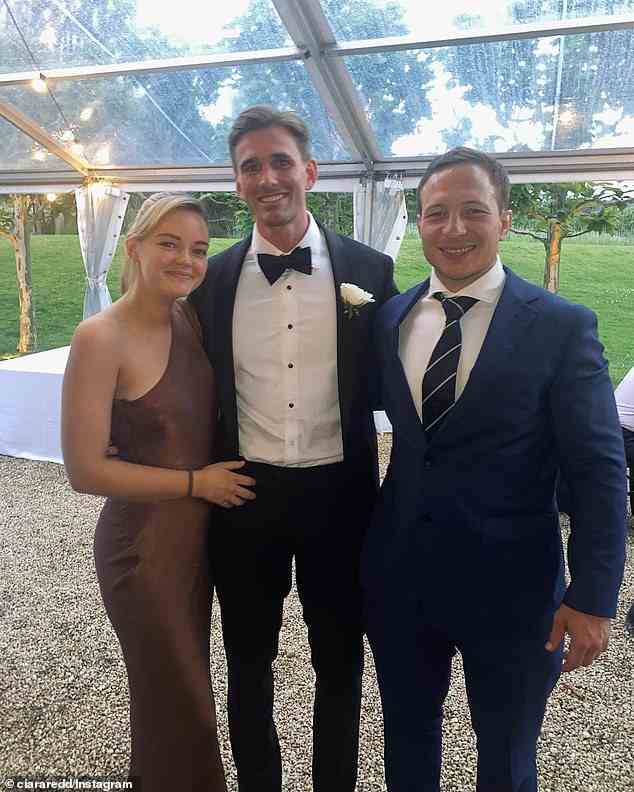 Lachie looked dapper in a classic black tuxedo with a white shirt underneath, matched with a bowtie. Pictured with guests at the wedding