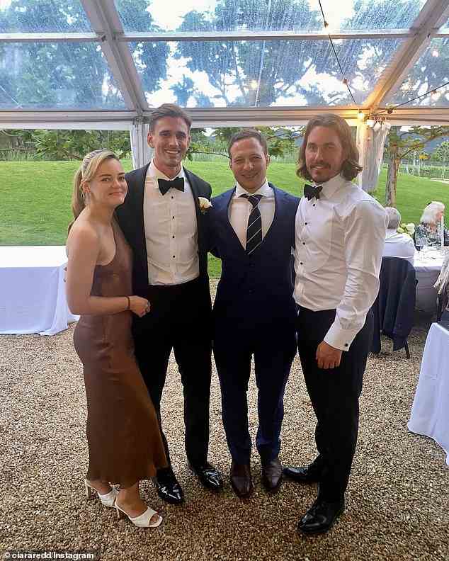 The groom couldn't wipe the smile of hiss face as he mingled with pals and loved ones