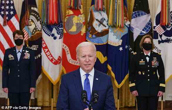 In a speech on March 9 (pictured), Biden seemed to fumble with his words and forget the name of his Secretary of Defense Lloyd Austin