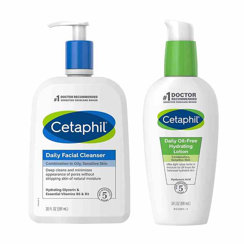 Zwei Flaschen Hautpflegeprodukte aus dem Cetaphil Daily Facial Cleanser und dem Daily Hydrating Lotion Bundle auf weißem Hintergrund