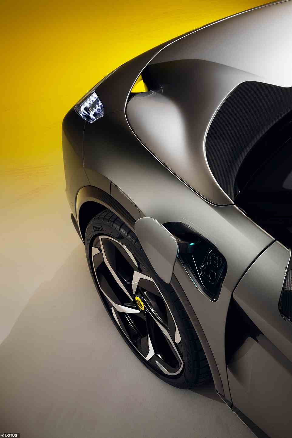 A major design feature of the Eletre is its 'porosity' - the aerodynamic principle of air flowing through the car as well as under, over and around it. For instance, air is channelled under the leading edge of the car, emerging through two exit vents in the bonnet above (seen here)