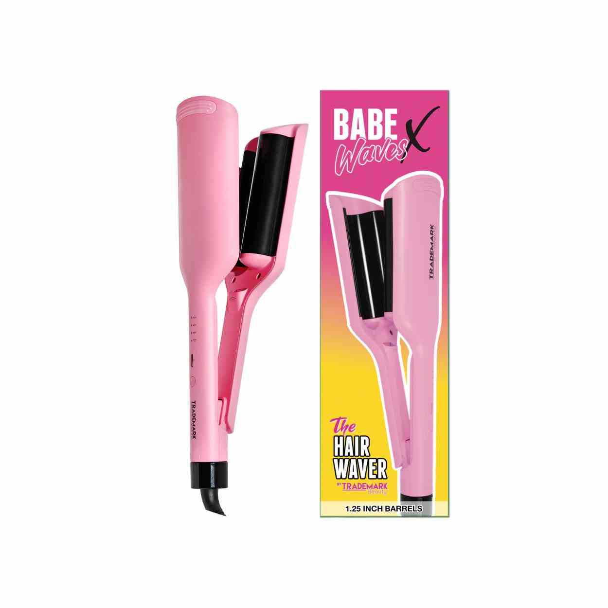 Warenzeichen Beauty Babe Waves X rosa Strand Waver und Box auf weißem Hintergrund