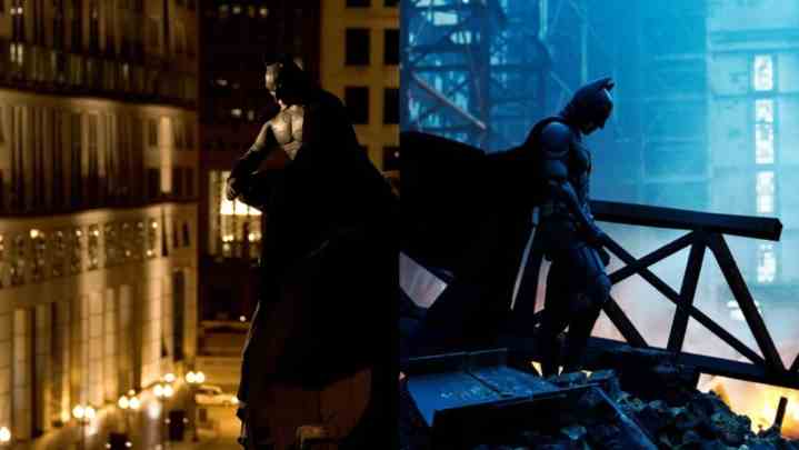 Split-Bild von Batman, der vor der Kulisse von Gotham City in Batman Begins und The Dark Knight brütet.