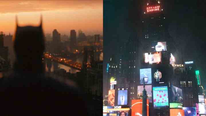 Split-Bild von Batman mit Blick auf Gotham und die Neonlichter des Gotham Square.