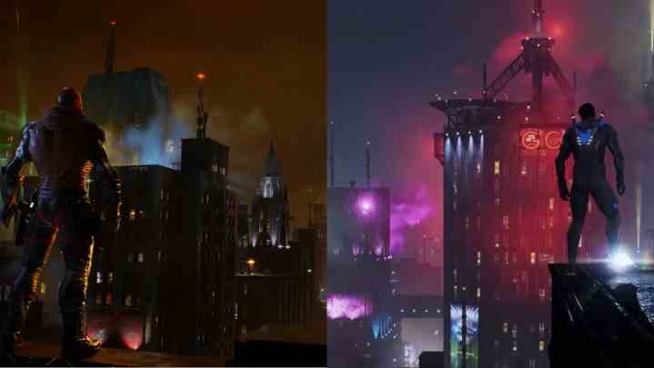 Split-Bild von Red Hood und Nightwing mit Blick auf die Stadt in Gotham Knights.