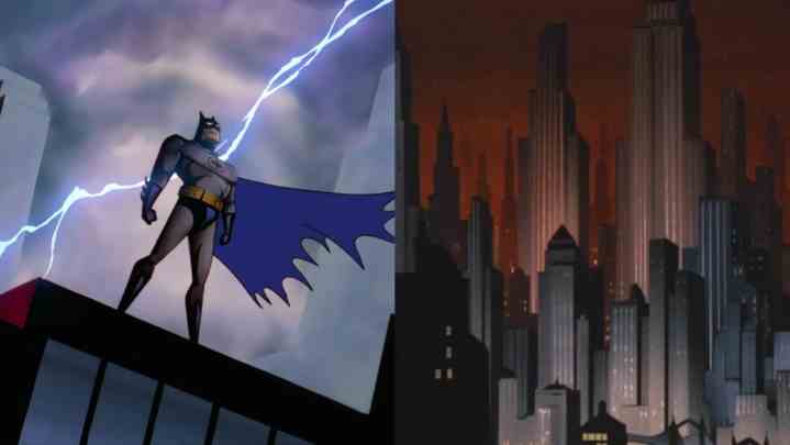 Split-Bild von Batman auf einem Gebäude und dem Stadtbild von Gotham.