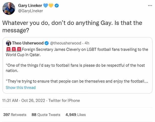 Gary Lineker, von dem erwartet wird, dass er die Berichterstattung der BBC über die Weltmeisterschaft leitet, stellte Mr. Cleverlys Äußerungen in Frage