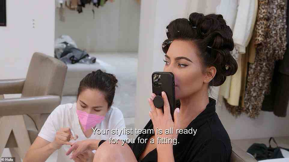 Diva: Kim jokes, 'Who knew he was such a diva, a grooming team, a styling team, a tailor,' while she sends Pete a message: 'Your stylist team is all ready for you for a fitting'