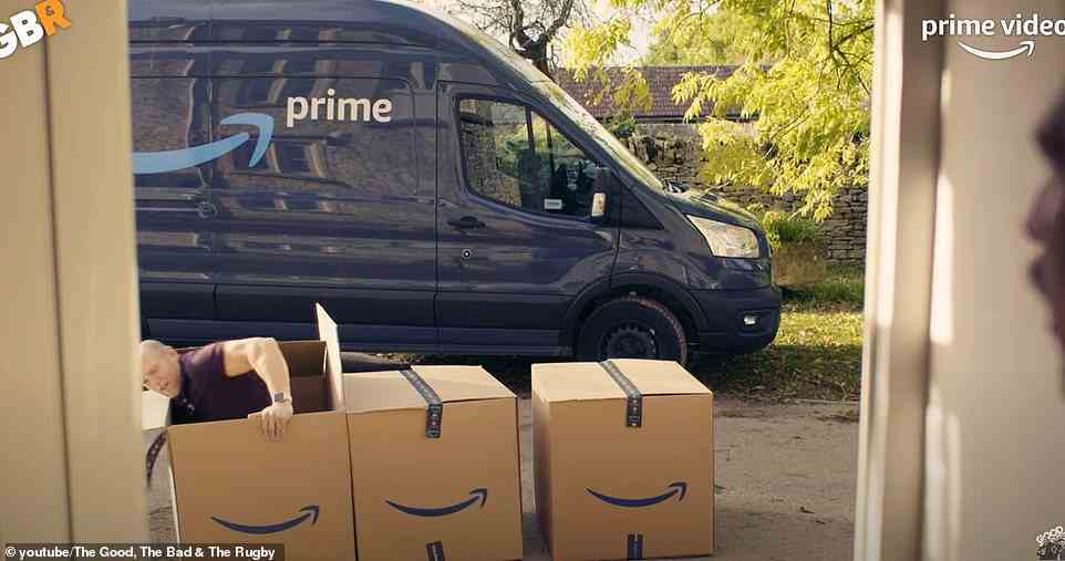 In the clip, Mike pops out of an Amazon Prime cardboard box as a customer exclaims he is 'Zara Philip's husband'