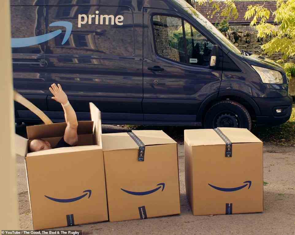 The former rugby ace is the first of his podcast hosts to surprise the customer by popping out of an Amazon Prime box, which was placed beside a Prime van