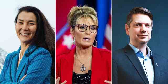 Von links nach rechts: Alaska GOP House-Kandidat Nick Begich, Alaska GOP House-Kandidatin Sarah Palin und Alaska Democrat House-Kandidatin Mary Peltola.