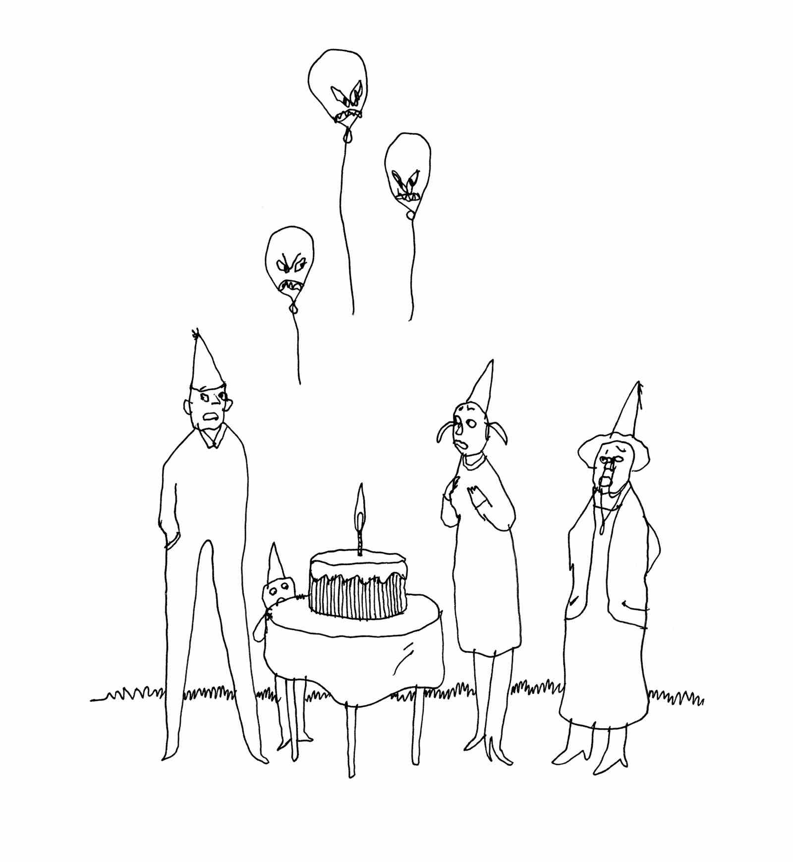 Menschen mit Partyhüten stehen um einen Kuchen herum.