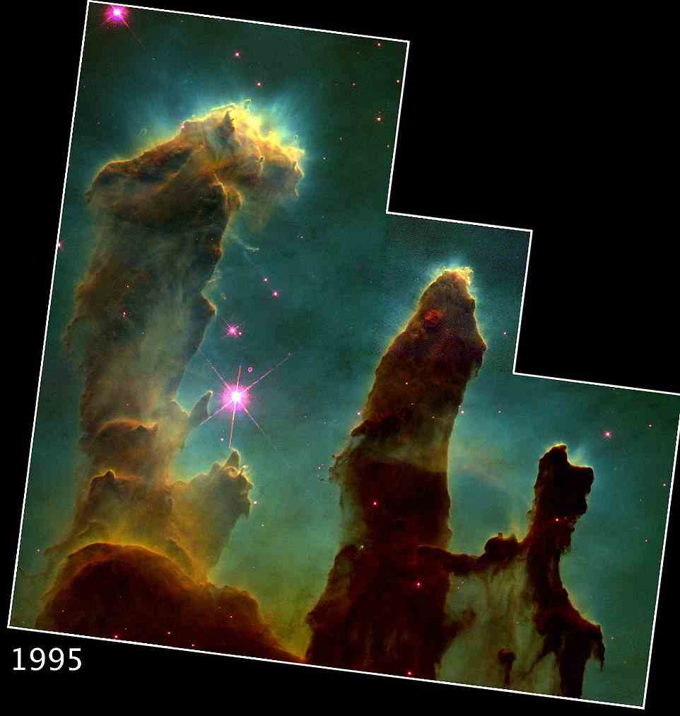 Das erste Bild der Säulen der Schöpfung wurde ebenfalls 1995 von Hubble aufgenommen, was der erste Beweis dafür war, dass Sterne innerhalb der Säulen geboren werden konnten