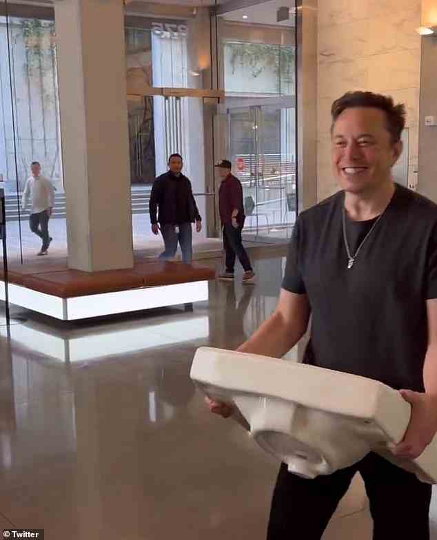 Musk posted a video of himself marching into Twitter's San Francisco headquarters carrying a porcelain sink on Wednesday