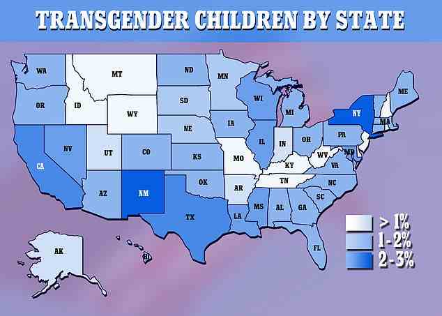 Diese Karte zeigt den Anteil der Kinder im Alter zwischen 13 und 17 Jahren, die nach Bundesstaat als Transgender identifiziert wurden.  Die dunkleren Farben weisen auf einen höheren Anteil an Jugendlichen hin.  In New York und New Mexico sind es sogar drei Prozent
