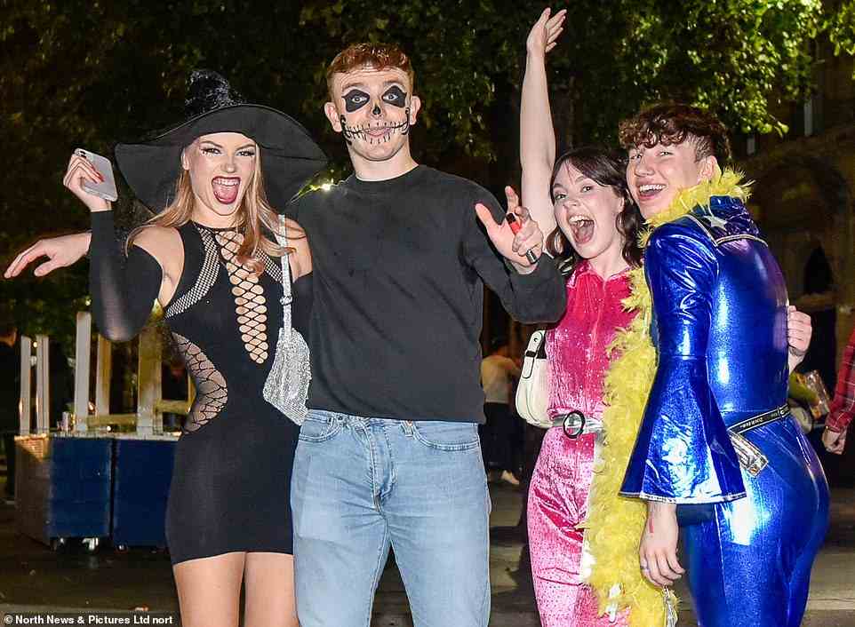 Groups clad in scary and spectacular outfits got into the Halloween spirit to kick off the weekend. Pictured: A group enjoy their night out in Newcastle