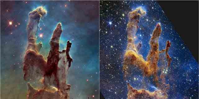 Das Hubble-Weltraumteleskop der NASA machte die Säulen der Schöpfung mit seinem ersten Bild im Jahr 1995 berühmt, besuchte die Szene jedoch 2014 erneut, um eine schärfere, breitere Ansicht im sichtbaren Licht zu zeigen, wie oben links gezeigt.  Eine neue Nahinfrarotlichtansicht des James-Webb-Weltraumteleskops der NASA (rechts) hilft uns, durch mehr Staub in dieser Sternentstehungsregion zu blicken.  Die dicken, staubigen braunen Säulen sind nicht mehr so ​​undurchsichtig und viele weitere rote Sterne, die sich noch bilden, kommen ins Blickfeld.