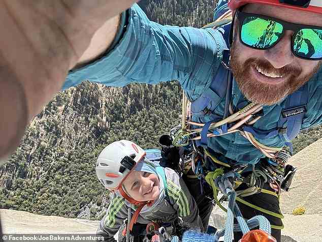 Sam, 8, and his dad Joe were part of a four-person climbing team that summitted the cliff this week. They met up with Sam's mother - Ann - at the top
