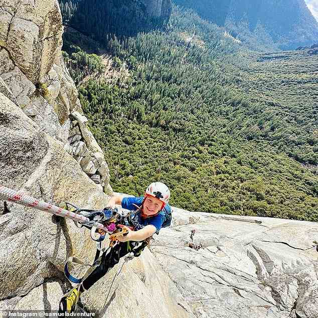 If Sam completes the challenge, he will be the youngest person to reach the summit. The young climber said he's most excited about eating lasagna and sleeping cliffside (pictured: Sam on El Capitan)
