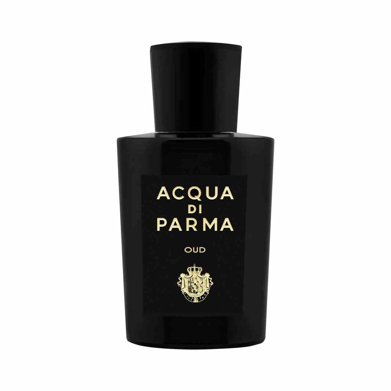 Acqua di Parma Oud Eau de Parfum schwarze Flasche Parfüm auf weißem Hintergrund