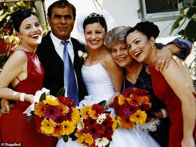 Maria Kotronakis (centre) with her identical twin Dimmy (left) father, Peter, mother Vicky, and older sister Lizzy (right) on her wedding day a week before the Bali bombings