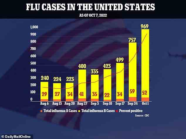 Die Grippefälle sind seit August sprunghaft angestiegen und haben sich von der Woche, die am 6. August endete, bis zur Woche, die am 1. Oktober endete, vervierfacht. Experten warnen davor, dass die diesjährige Grippesaison verheerender als gewöhnlich sein wird