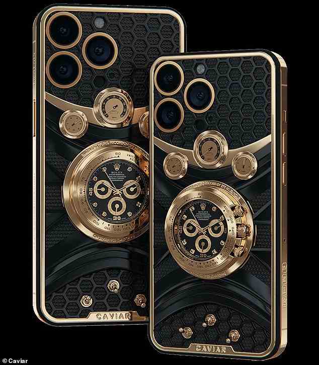 Designer von Caviar enthüllten diese Woche das luxuriöse Smartphone mit einer gelbgoldenen Rolex Cosmograph Daytona Uhr, komplett mit acht Diamanten