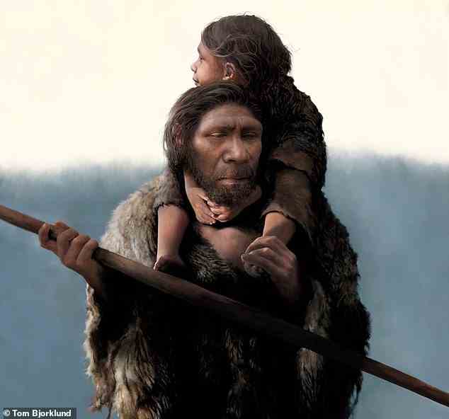 Remains of the first ever family of Neanderthals have been discovered in a cave in southern Siberia, Russia. Pictured: artist's interpretation of a Neanderthal father and his daughter
