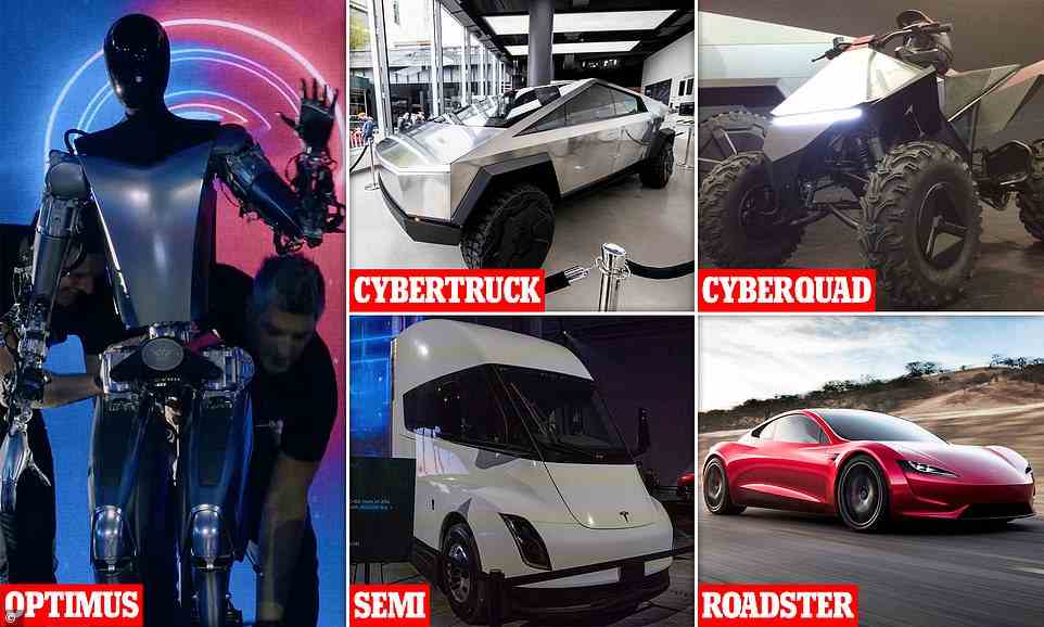 Following the unveiling of Optimus, MailOnline has taken a look at the Tesla products that have been announced but are still yet to be released - including Cybertruck, Robotaxi and the second-generation Roadster