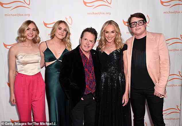Family affair: Michael J. Fox, his wife Tracy Pollan and their kids stepped on the red carpet at A Funny Thing Happened On The Way To Cure Parkinson's in New York on Saturday