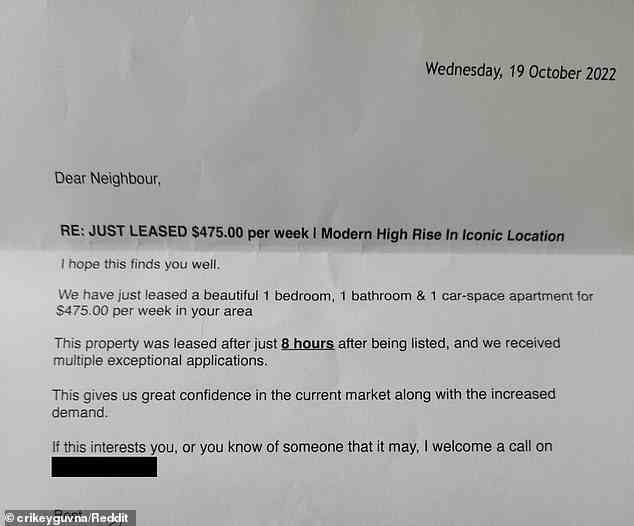Ein Mieter in Melbourne war wütend, nachdem er einen Brief von einem Immobilienmakler erhalten hatte, der sich über den aktuellen Stand des Mietmarktes „hämisch freute“ (im Bild: der Brief).