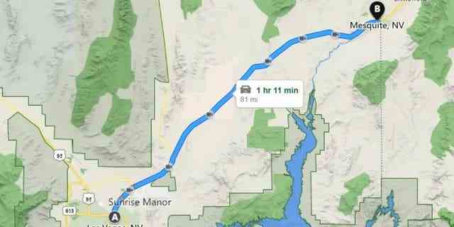 Ein Google Maps-Bild zeigt die Route von Las Vegas nach Mesquite, Nev.