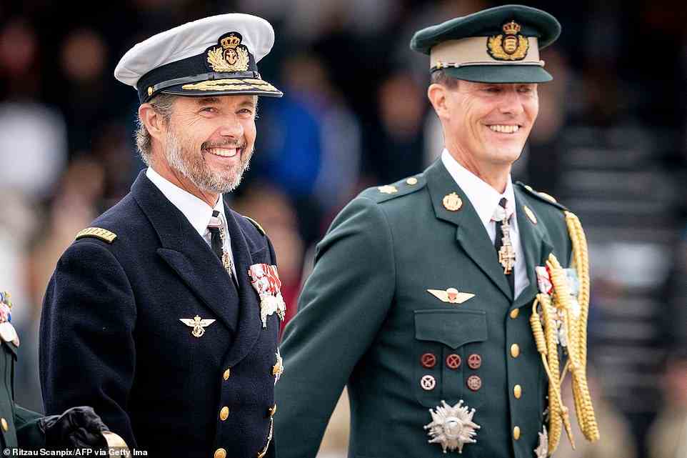 Prince Frederik of Denmark 'was not part of the meeting' between his mother Queen Margrethe II and his younger brother over royal titles, the Royal Household confirmed - after Prince Joachim admitted the siblings' relationship is 'complicated'. Pictured, Frederik and Joachim in August 2022