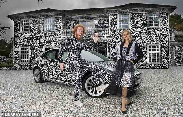 From the age of 15, Sam Cox (pictured with his wife Alena) knew that one day he had to become a famous doodle artist, buy a big white mansion and doodle all over it