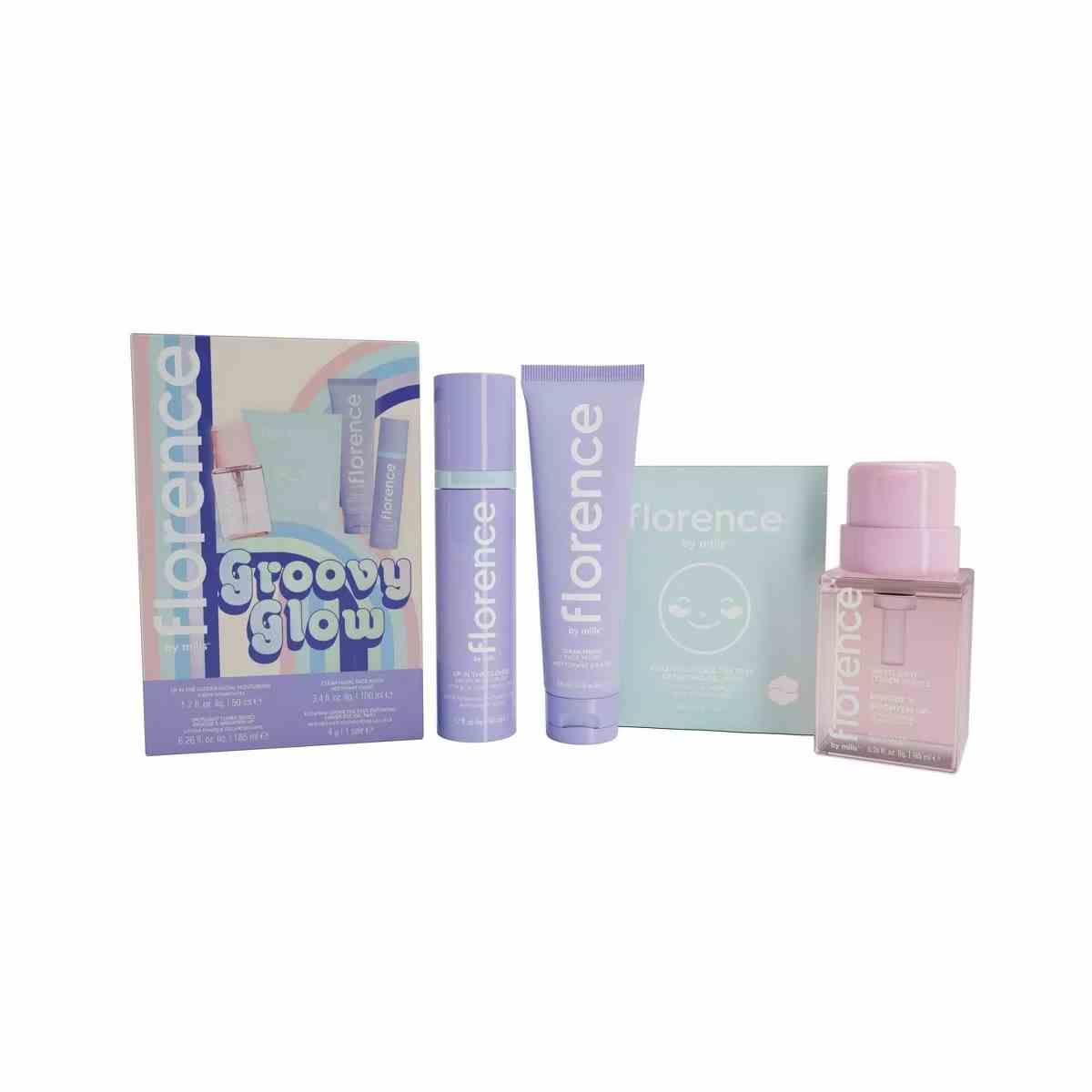 Florence by Mills Groovy Glow Skincare Set pastellfarbene Hautpflegeprodukte auf weißem Hintergrund