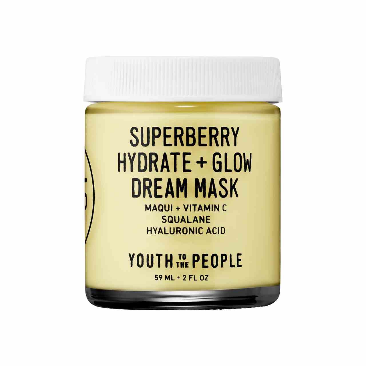 Youth to the People Superberry Hydrate and Glow Dream Mask transparentes Glas mit gelber Gesichtsmaske mit weißem Glas auf weißem Hintergrund