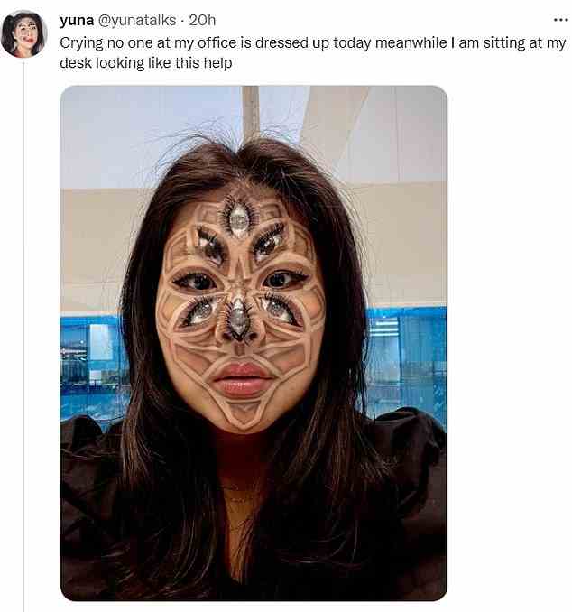 Diese in Kanada ansässige Büroangestellte hatte auch einen Halloween-Fauxpas, nachdem sie Stunden mit ihrem gruseligen Make-up verbracht und sich sechs zusätzliche Augen verpasst hatte.  Obwohl sie in ihrem Büro in der Minderheit ist, sieht sie fantastisch aus