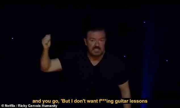Gervais said in 2018: 'They choose to read my tweet, and then take that personally. 'That's like going into a town square, seeing a big notice board and there's a notice - guitar lessons - and you go, "But I don't want f***ing guitar lessons".'