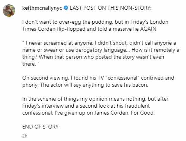 McNally claimed Corden's messages to a journalist claiming he didn't shout were 'a massive lie'
