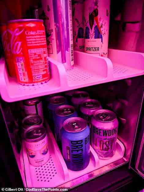 The A330neo Loft space features a fridge with canned cocktails, beer and ice cream