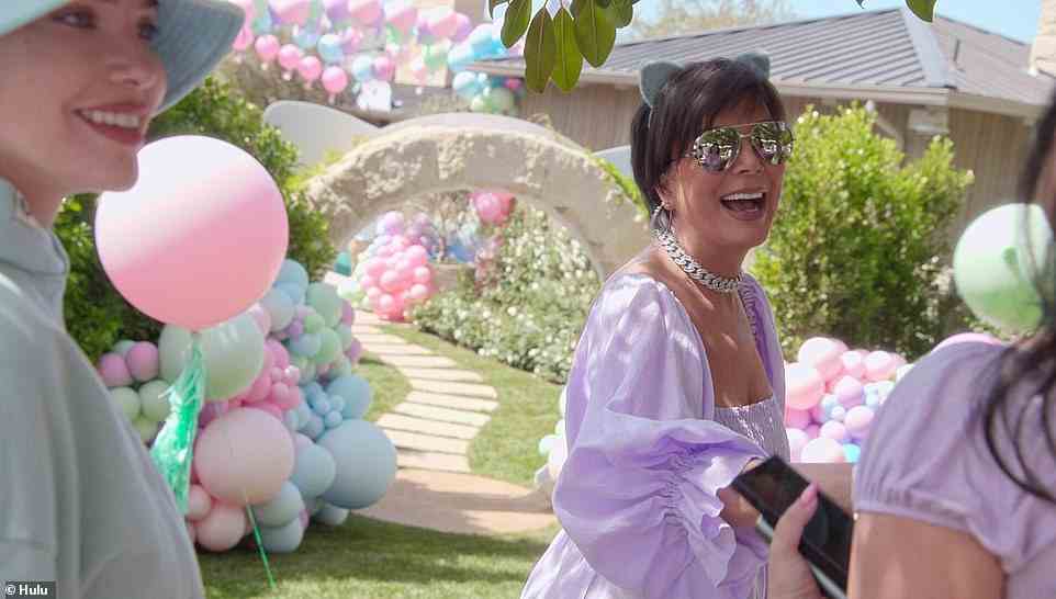 Kris arrives: Kris Jenner arrives to the party on theme in a purple pastel dress, telling Khloe this is,’the cutest thing I’ve ever seen,’ referring to the party setup