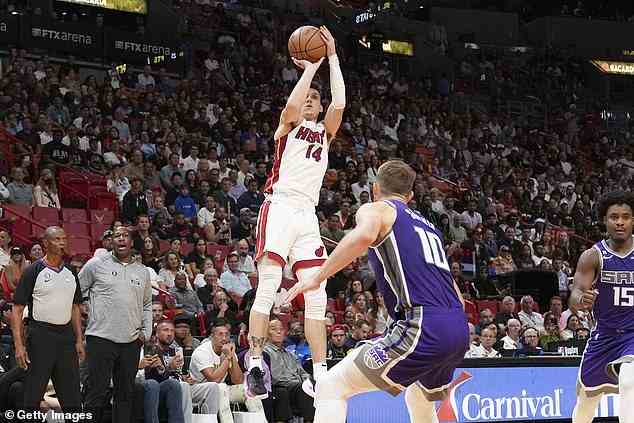 Tyler Herro - #14 of the Miami Heat - puts up a shot during the second half against the Sacramento Kings