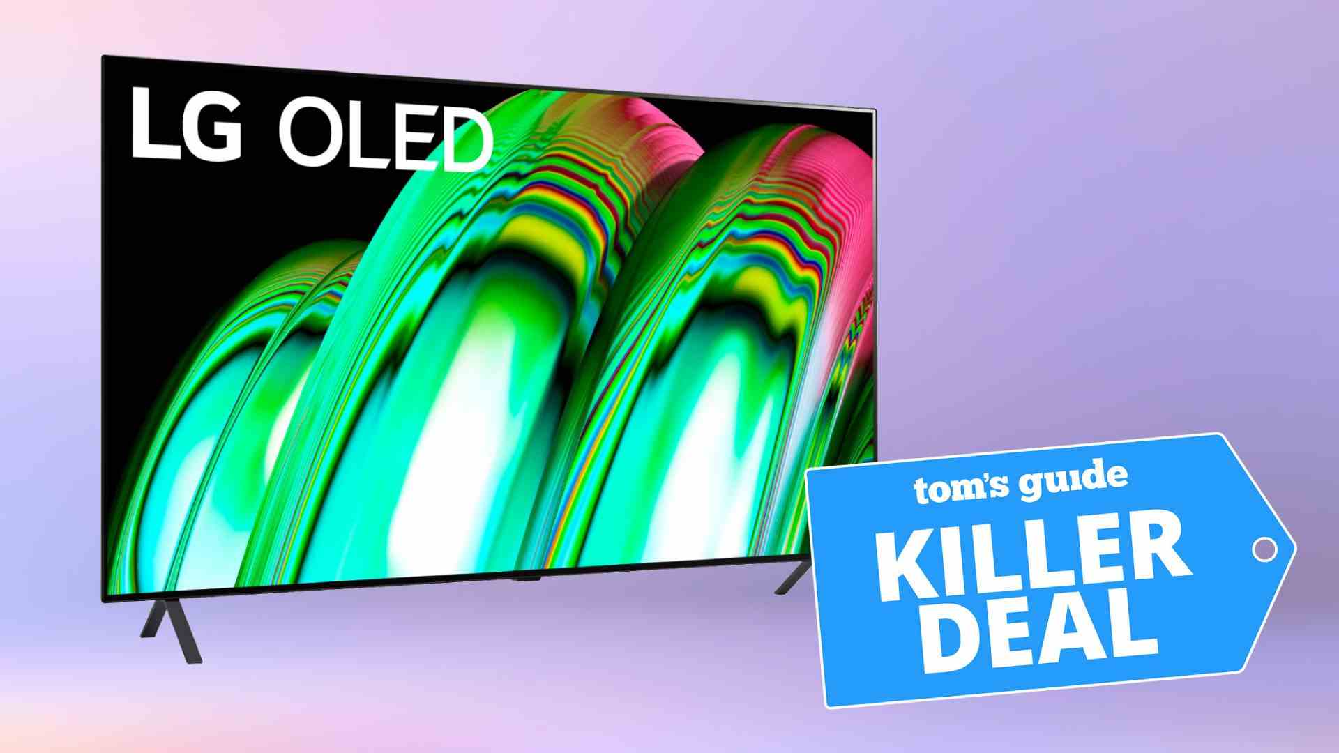 Ein Foto des LG A2 OLED 4K-Fernsehers auf violettem Hintergrund