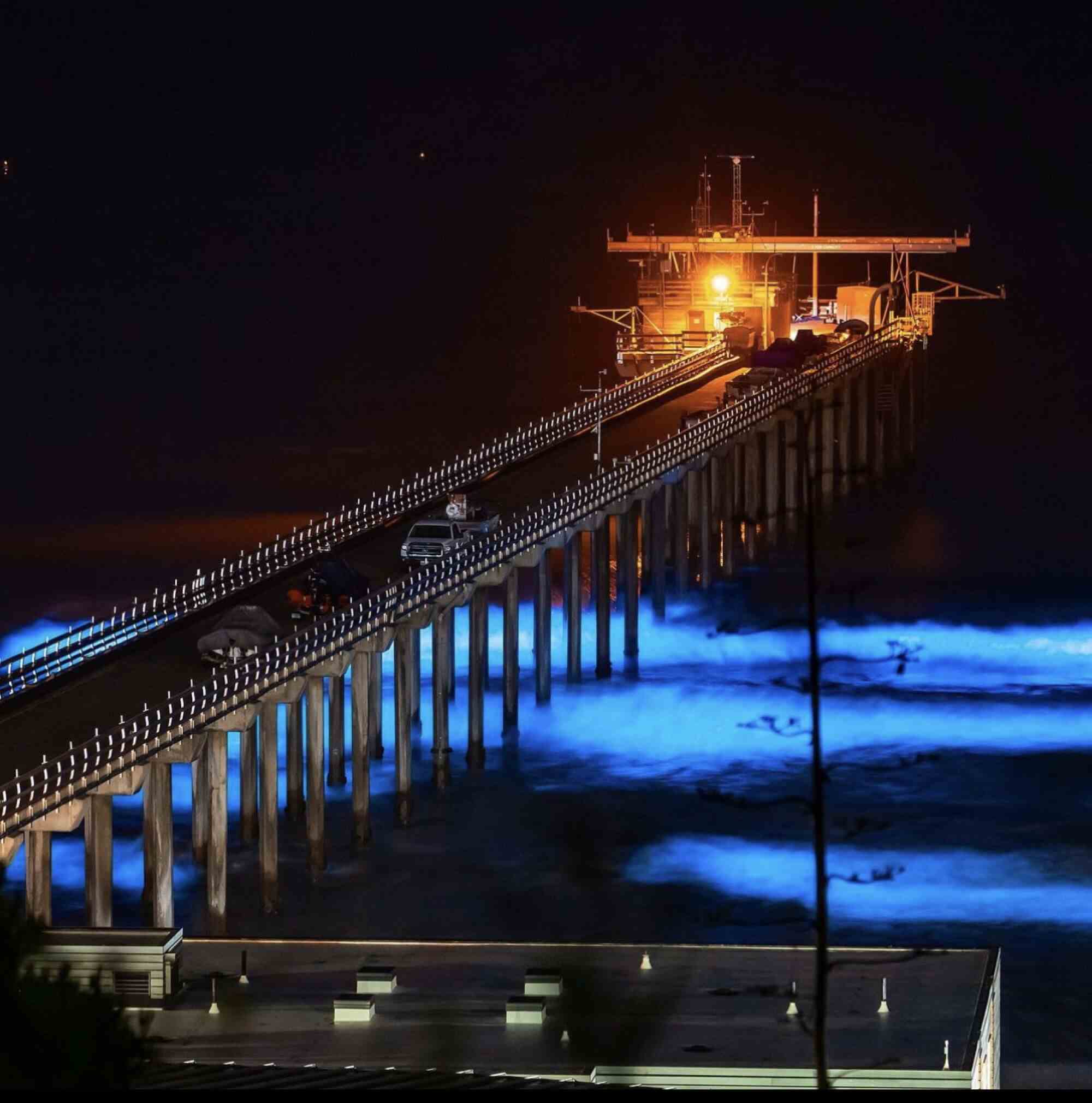 Biolumineszenz im Ozean bei Nacht unter und um den Scripps Pier in La Jolla.