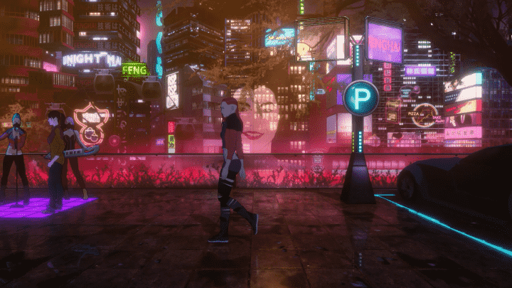 Ein Charakter geht in Evolutis Duality durch eine neonbeleuchtete Cyberpunk-Straße.