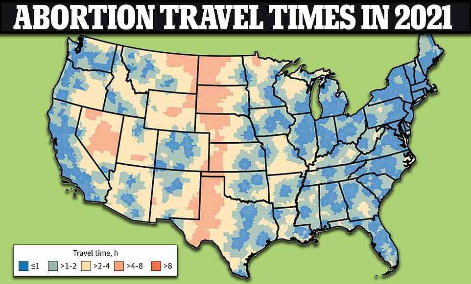 Diese Karte zeigt die geschätzten Reisezeiten zu Abtreibungskliniken in den USA im vergangenen Jahr, bevor Abtreibungsbeschränkungen eingeführt wurden