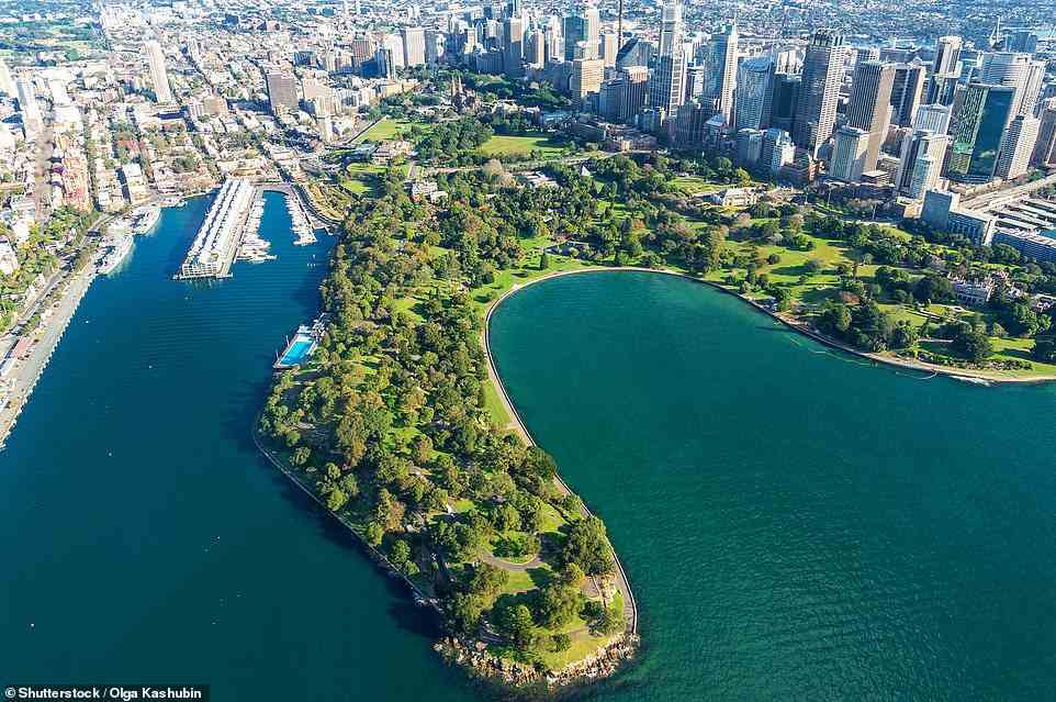 Der Royal Botanic Garden in Sydney nimmt ein 74 Hektar großes Grundstück neben dem Opernhaus ein, mit Serpentinenpfaden, die sich zwischen Blumenbeeten und Bäumen winden